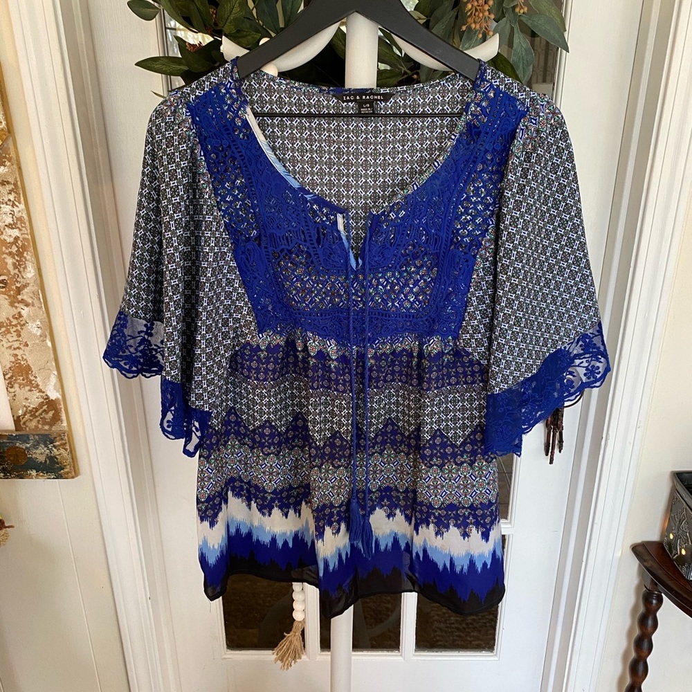 Zac & Rachel Boho Lace & Crochet Trim Mixed Pattern Top SS L